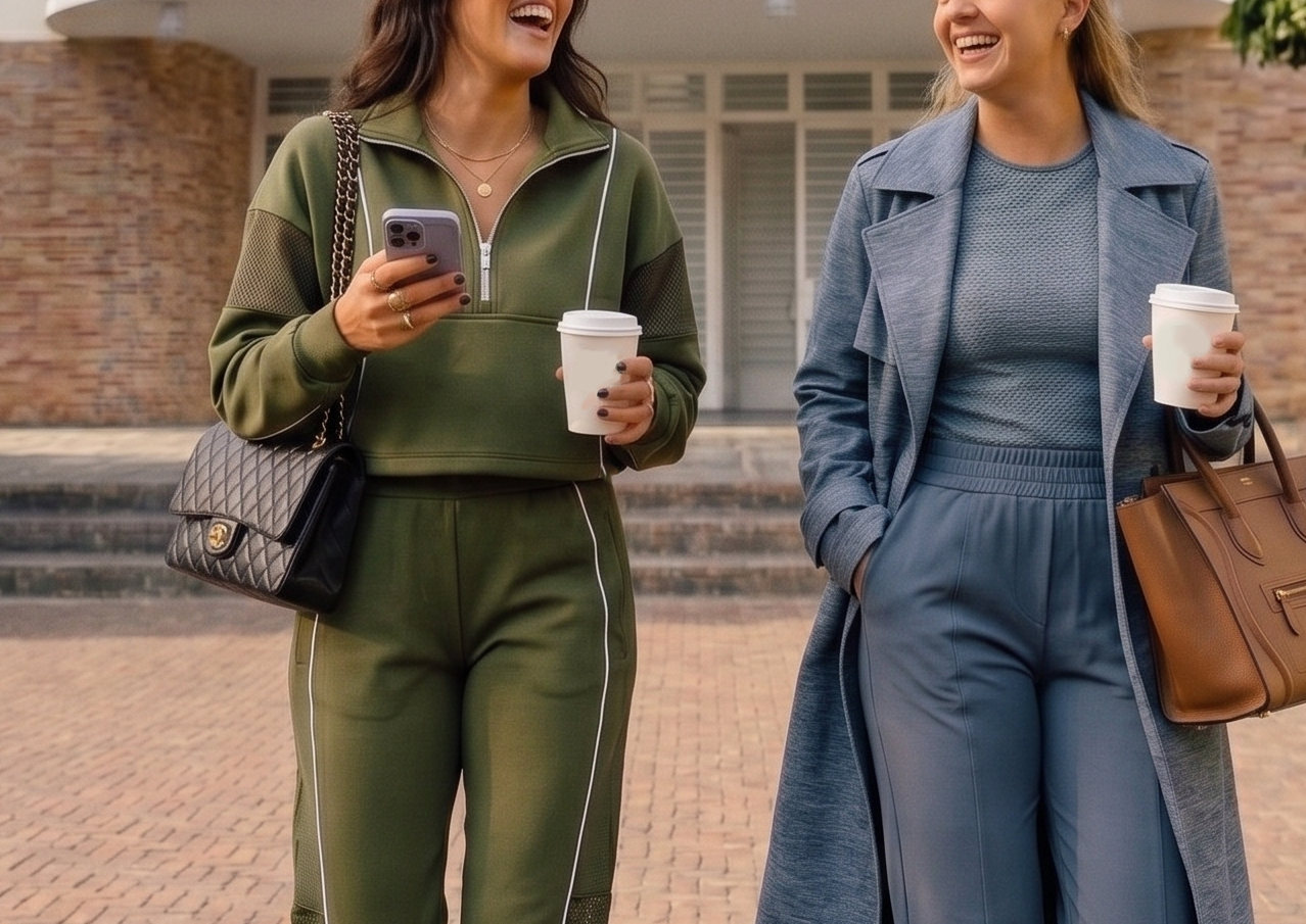 Dos mujeres caminan con café en la mano frente al edificio.