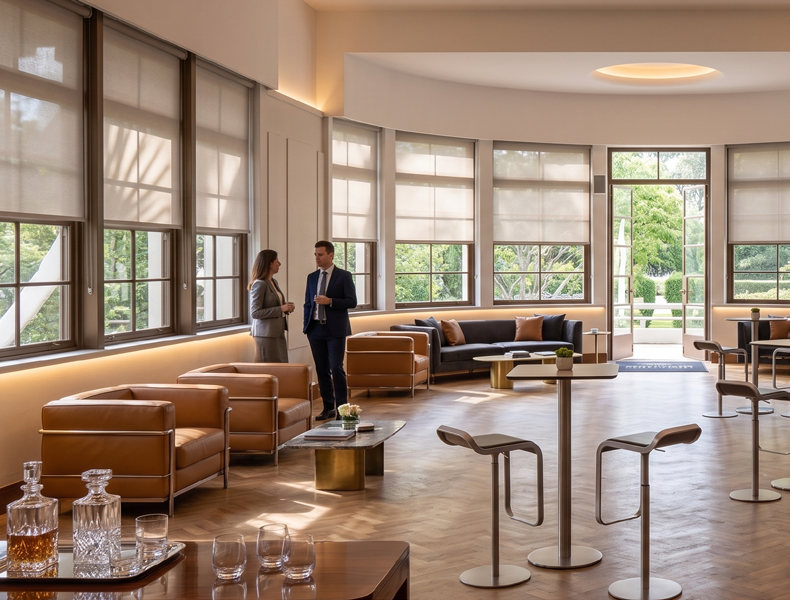 Salón con ventanales curvos, sillones de cuero y mesas altas.