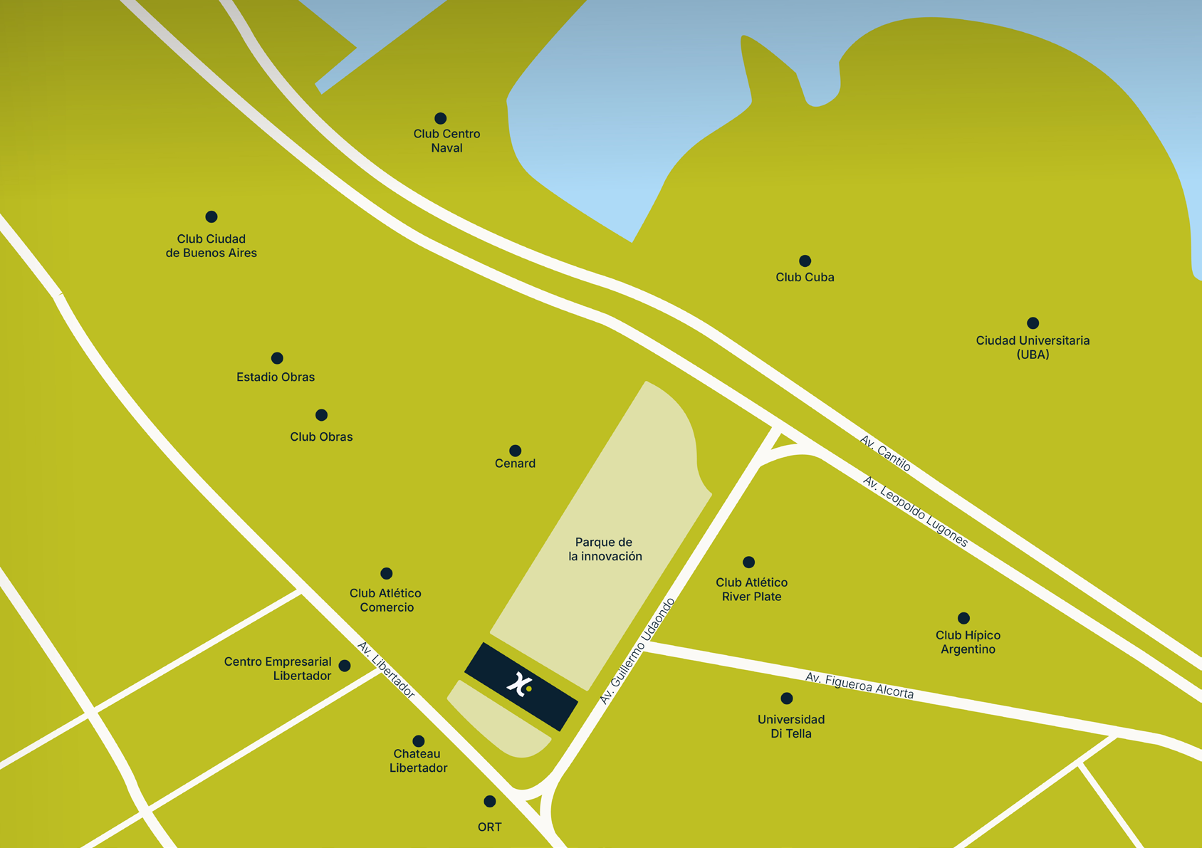 Mapa de la zona: XTiro junto al Parque de la Innovación, entre Av. del Libertador y Av. Guillermo Udaondo, cerca del Club Atlético River Plate, Cenard, Universidad Di Tella y Ciudad Universitaria.