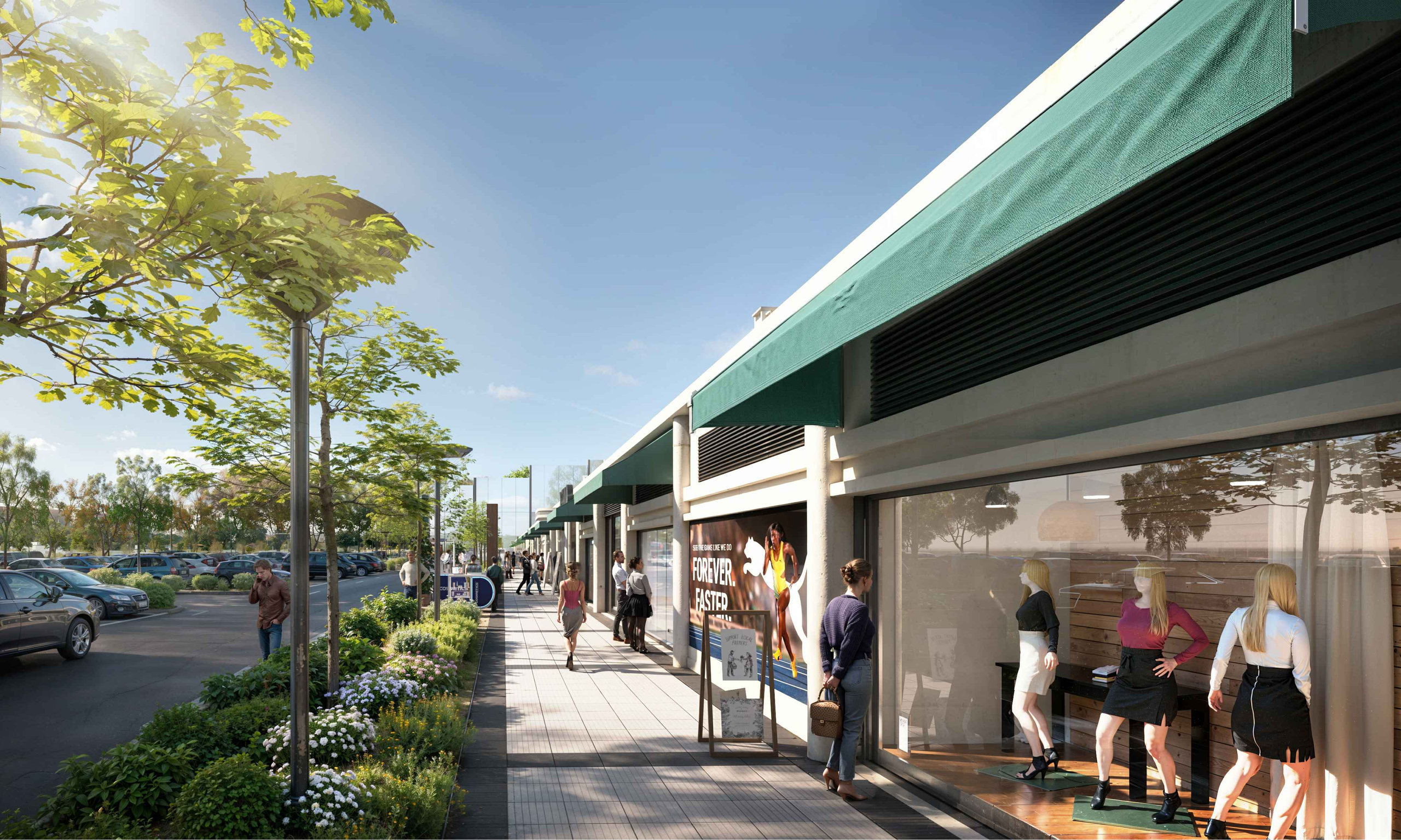 Galería exterior con vidrieras, toldos verdes y gente caminando.